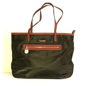 MK dark green satchel with camel trim and gold